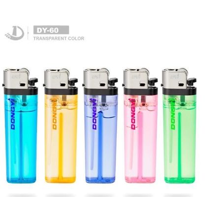 Modelo de plástico NO. DY-60 Cigarrillo de color transparente encendedor de gas de sílex con consumo